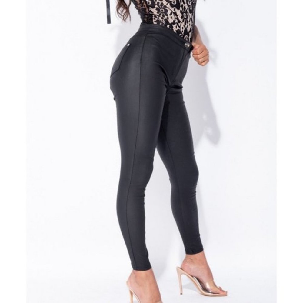 Black Vegan Leather Coated High Waist Skinny Pants - Picture 5 of 9
